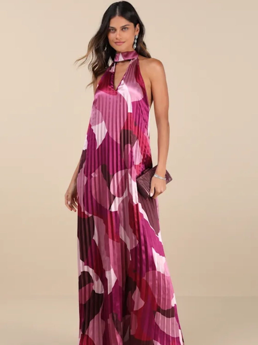 Lulu's Prime Poise Pink Multi Abstract Satin Halter Maxi Dress Small
